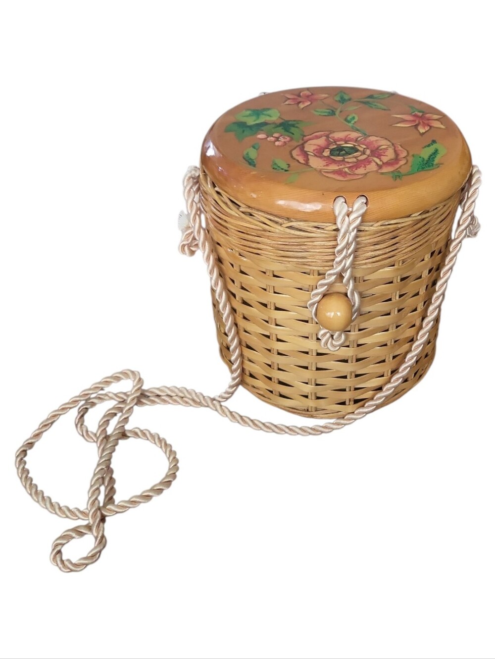 Vintage Wicker & Wood Handpainted Floral Basket Purse